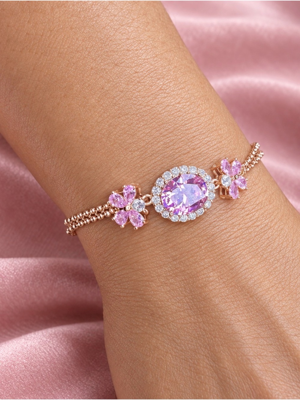 Gold-Filled Pink Floral Gemstone Bracelet